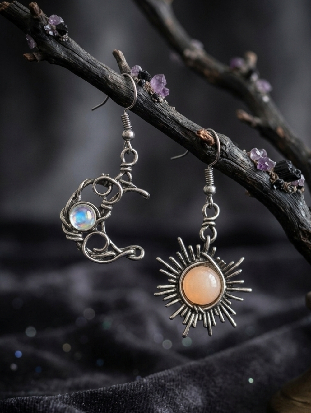 Silver Plated Sun Moon Earrings Asymmetrical Celestial Boho Wire Wrapped Dangle